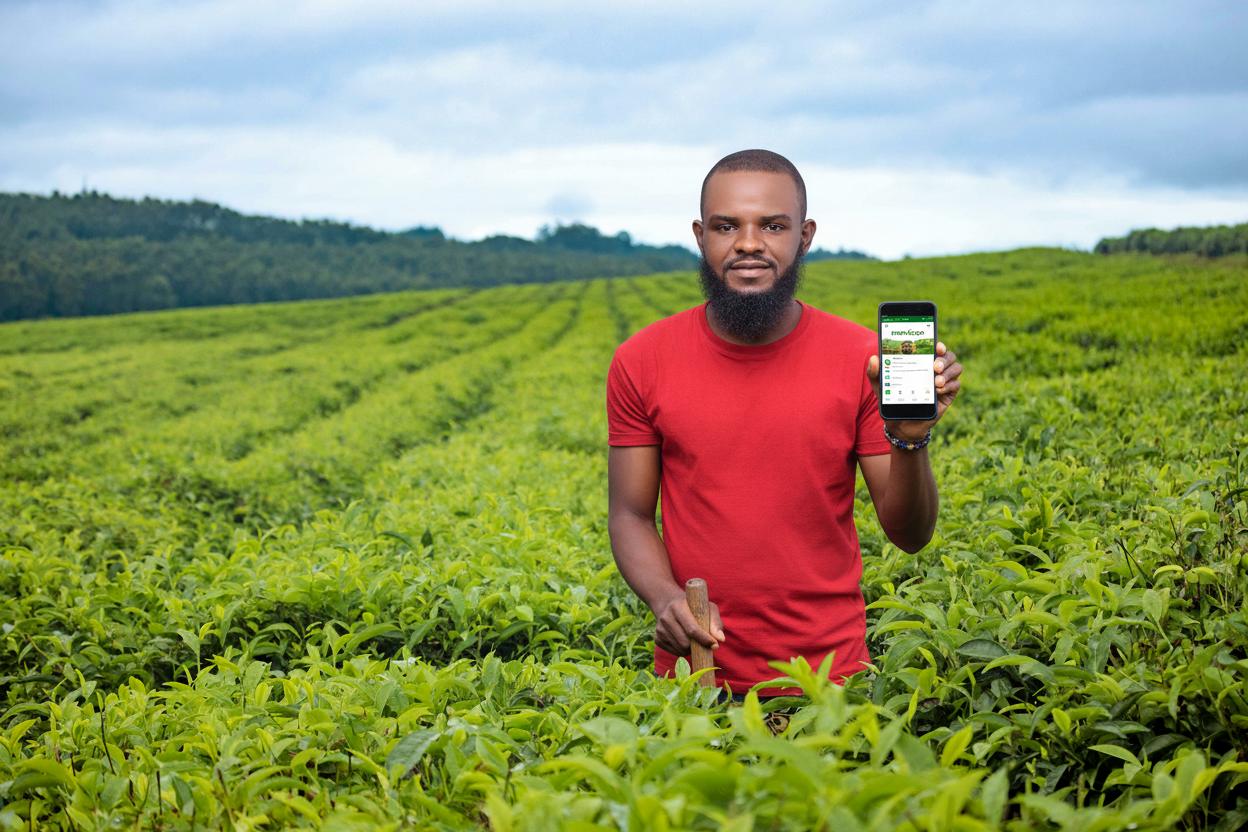African farmer using smartphone to check weather and crop predictions with Nomagro